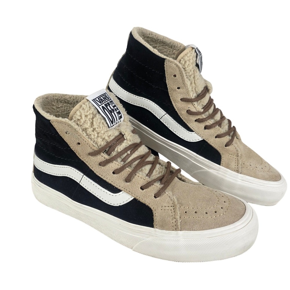 Vans Sk8-Hi Sherpa Fleece Lined Suede Hi Top Sneakers Black Tan Mens 5.5 Women 7